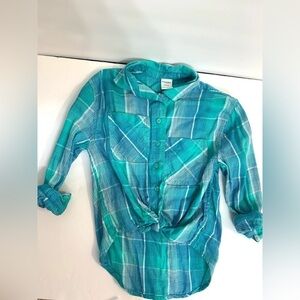 Girls Arizona Turquoise Tie Waist Button Down Plaid Shirt Sz XXS(4-5) Western